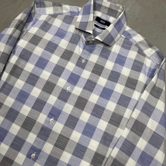 Hugo Boss Slim Fit Dress Shirt Plaid "Jason" Cotton Blue 38 15 Small - Picture 3 of 12